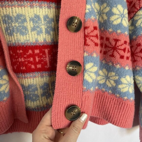 Cotton-On pink blue white nordic style cardigan buttons snowflake warm small - Picture 5 of 8